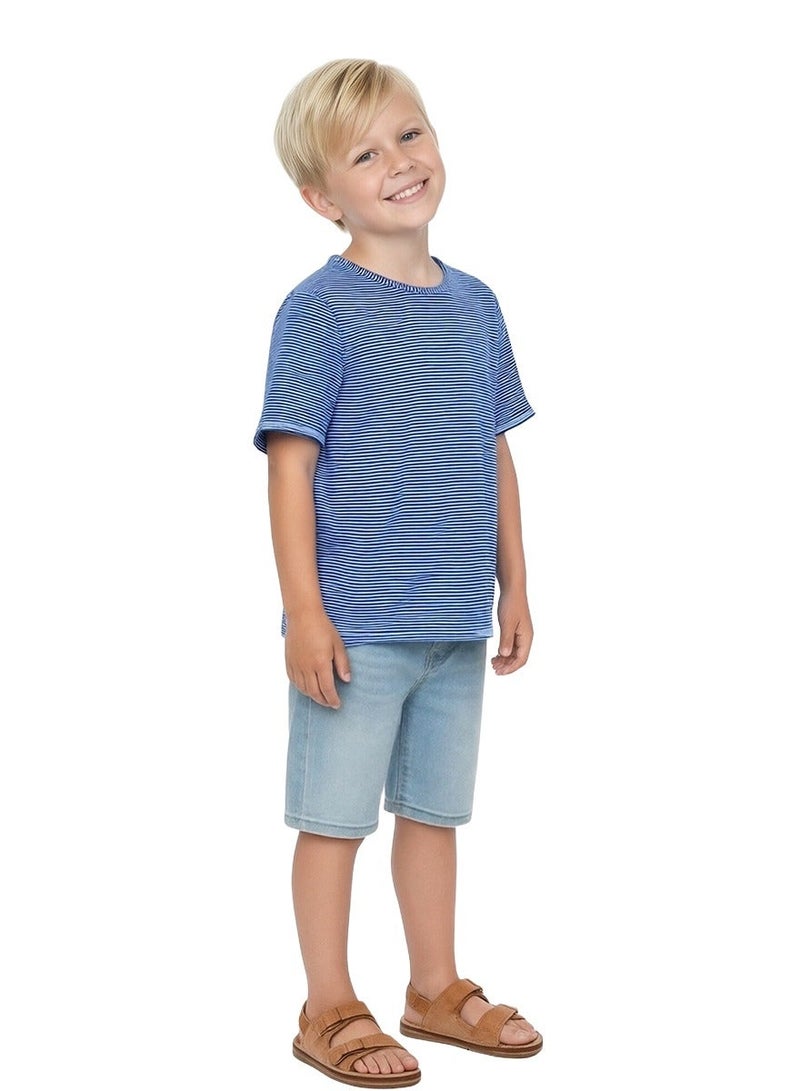WiNi BEE Striped T-Shirt for Boys | Short Sleeve Toddler Tee (2-6 Years) | Blue and White Raw Edge Casual Top | Soft Everyday Kids Shirt - Image 3